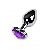 Серебристая коническая анальная пробка с фиолетовым кристаллом-сердечком - 7 см. - ToyFa - купить с доставкой в Черкесске