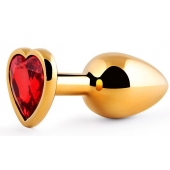 Золотистая анальная пробка с красным стразом-сердечком - 8 см. - Anal Jewelry Plug - купить с доставкой в Черкесске