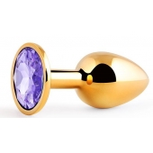 Золотистая анальная пробка с фиолетовым стразом - 7,2 см. - Anal Jewelry Plug - купить с доставкой в Черкесске