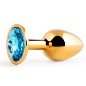 Золотистая анальная пробка с голубым стразом - 7,2 см. - Anal Jewelry Plug - купить с доставкой в Черкесске