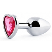 Серебристая анальная пробка с розовым кристаллом-сердечком - 7 см. - Anal Jewelry Plug - купить с доставкой в Черкесске