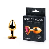 Золотистая анальная пробка с малиновым кристаллом-сердечком - 7 см. - Anal Jewelry Plug - купить с доставкой в Черкесске