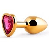 Золотистая анальная пробка с малиновым кристаллом-сердечком - 7 см. - Anal Jewelry Plug - купить с доставкой в Черкесске