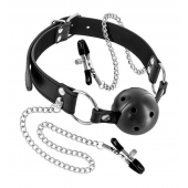Жесткий шар-кляп с зажимами для сосков - Fetish Tentation - купить с доставкой в Черкесске