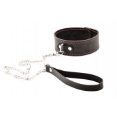 Черный широкий ошейник с красной строчкой и поводком - Crazy Handmade - купить с доставкой в Черкесске