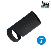 Черная открытая насадка на пенис с кольцом для мошонки L-size - 8,5 см. - Sex Expert - в Черкесске купить с доставкой