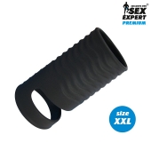 Черная открытая насадка на пенис с кольцом для мошонки XXL-size - 9,4 см. - Sex Expert - в Черкесске купить с доставкой
