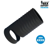 Черная открытая насадка на пенис с кольцом для мошонки XXXL-size - 9,9 см. - Sex Expert - в Черкесске купить с доставкой