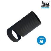 Черная открытая насадка на пенис с кольцом для мошонки size M - 7,9 см. - Sex Expert - в Черкесске купить с доставкой