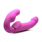Розовый безремневой страпон с вибрацией и функцией расширения Inflatable Ergo-Fit Strapless Strap-On - XR Brands - купить с доставкой в Черкесске