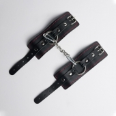 Черные кожаные наручники с красной строчкой - Crazy Handmade - купить с доставкой в Черкесске