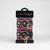 Черные кожаные наручники с розовой строчкой - Crazy Handmade - купить с доставкой в Черкесске