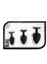 Набор черных анальных пробок с красным кристаллом-сердечком Bling Plugs Training Kit - Blush Novelties - купить с доставкой в Черкесске