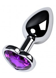 Серебристая коническая анальная пробка с фиолетовым кристаллом-сердечком - 7 см. - ToyFa - купить с доставкой в Черкесске