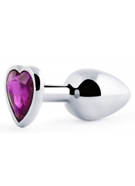 Серебристая анальная пробка с фиолетовым кристаллом-сердечком - 8 см. - Anal Jewelry Plug - купить с доставкой в Черкесске