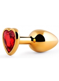 Золотистая анальная пробка с красным стразом-сердечком - 8 см. - Anal Jewelry Plug - купить с доставкой в Черкесске