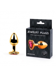 Золотистая анальная пробка с малиновым кристаллом-сердечком - 7 см. - Anal Jewelry Plug - купить с доставкой в Черкесске
