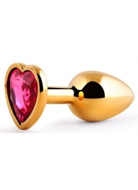Золотистая анальная пробка с малиновым кристаллом-сердечком - 7 см. - Anal Jewelry Plug - купить с доставкой в Черкесске