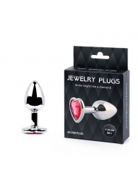 Серебристая анальная пробка с малиновым кристаллом-сердечком - 7 см. - Anal Jewelry Plug - купить с доставкой в Черкесске