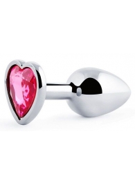 Серебристая анальная пробка с малиновым кристаллом-сердечком - 7 см. - Anal Jewelry Plug - купить с доставкой в Черкесске