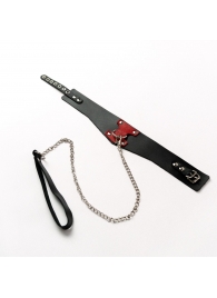 Черный широкий ошейник с красным декором и поводком - Crazy Handmade - купить с доставкой в Черкесске