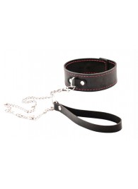 Черный широкий ошейник с красной строчкой и поводком - Crazy Handmade - купить с доставкой в Черкесске