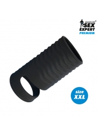 Черная открытая насадка на пенис с кольцом для мошонки XXL-size - 9,4 см. - Sex Expert - в Черкесске купить с доставкой