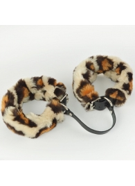 Черные кожаные оковы со съемной леопардовой опушкой - Sitabella - купить с доставкой в Черкесске