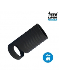 Черная открытая насадка на пенис с кольцом для мошонки size M - 7,9 см. - Sex Expert - в Черкесске купить с доставкой