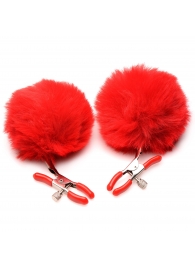 Красные зажимы на соски с помпонами Pom Pom - XR Brands - купить с доставкой в Черкесске