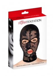 Черная кружевная маска на голову с отверстиями для глаз и рта - Fetish Tentation - купить с доставкой в Черкесске