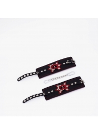 Черные кожаные наручники с красным декором и строчкой - Crazy Handmade - купить с доставкой в Черкесске