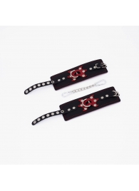 Черные кожаные наручники с красным декором и строчкой - Crazy Handmade - купить с доставкой в Черкесске