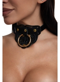 Черный фигурный кожаный ошейник с золотистой фурнитурой - Crazy Handmade - купить с доставкой в Черкесске