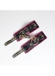Черные кожаные наручники с розовой строчкой - Crazy Handmade - купить с доставкой в Черкесске