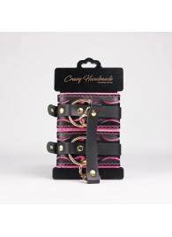 Черные кожаные оковы с розовой строчкой - Crazy Handmade - купить с доставкой в Черкесске