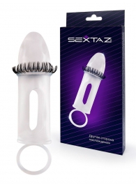 Закрытая насадка на пенис с подхватом мошонки и стимулирующими «ресничками» - Sextaz - в Черкесске купить с доставкой