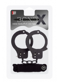 Чёрные наручники из листового металла в комплекте с веревкой BONDX METAL CUFFS LOVE ROPE SET - Dream Toys - купить с доставкой в Черкесске