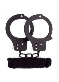 Чёрные наручники из листового металла в комплекте с веревкой BONDX METAL CUFFS LOVE ROPE SET - Dream Toys - купить с доставкой в Черкесске
