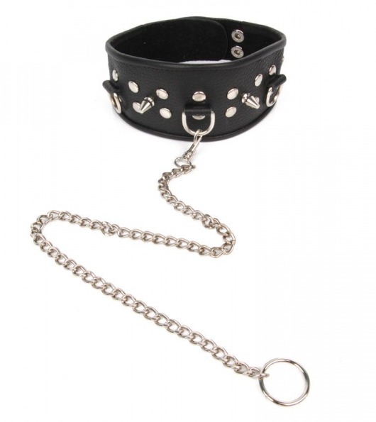 Черный ошейник с шипами и металлическим поводком-цепочкой - Notabu - купить с доставкой в Черкесске