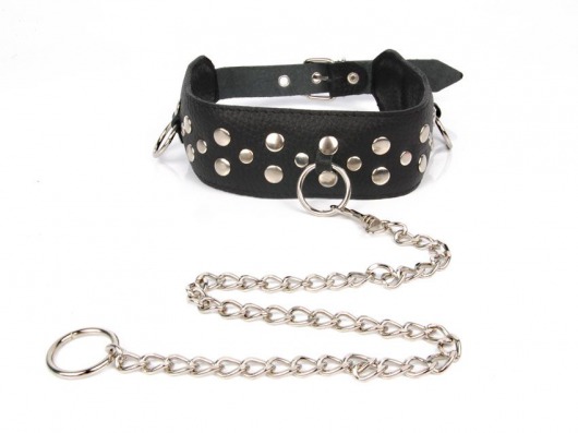 Черный ошейник с заклепками с металлическим поводком-цепочкой - Notabu - купить с доставкой в Черкесске