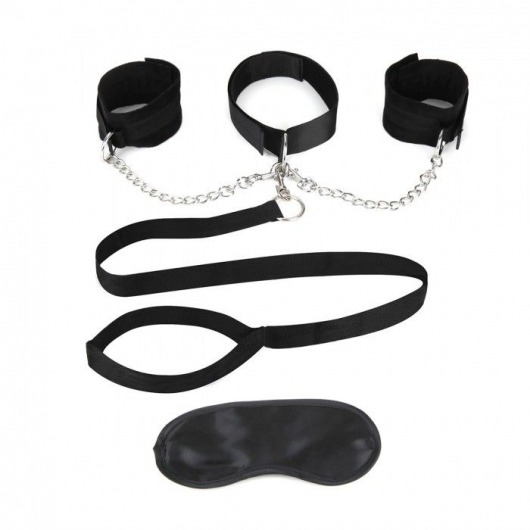 Чёрный ошейник с наручниками и поводком Collar Cuffs   Leash Set - Lux Fetish - купить с доставкой в Черкесске