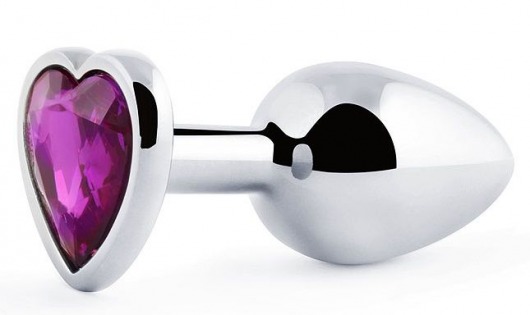 Серебристая анальная пробка с фиолетовым кристаллом-сердечком - 8 см. - Anal Jewelry Plug - купить с доставкой в Черкесске