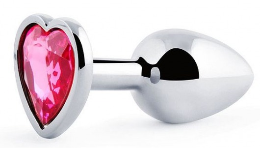 Серебристая анальная пробка с розовым кристаллом-сердечком - 7 см. - Anal Jewelry Plug - купить с доставкой в Черкесске