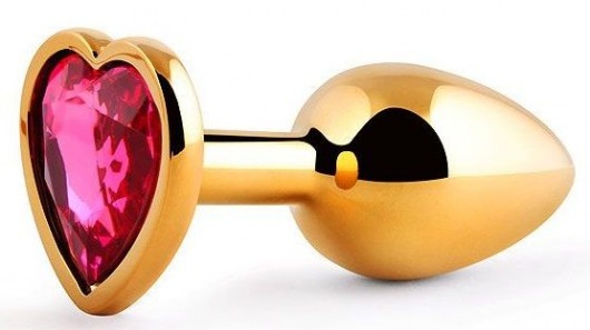 Золотистая анальная пробка с малиновым кристаллом-сердечком - 7 см. - Anal Jewelry Plug - купить с доставкой в Черкесске