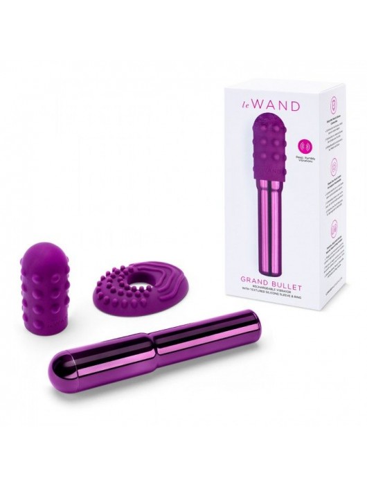 Фиолетовый жезловый вибратор Le Wand Grand Bullet с двумя нежными насадками - Le Wand
