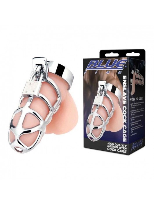 Серебристая металлическая клетка для члена с замком Enslave Cock Cage - BlueLine - купить с доставкой в Черкесске