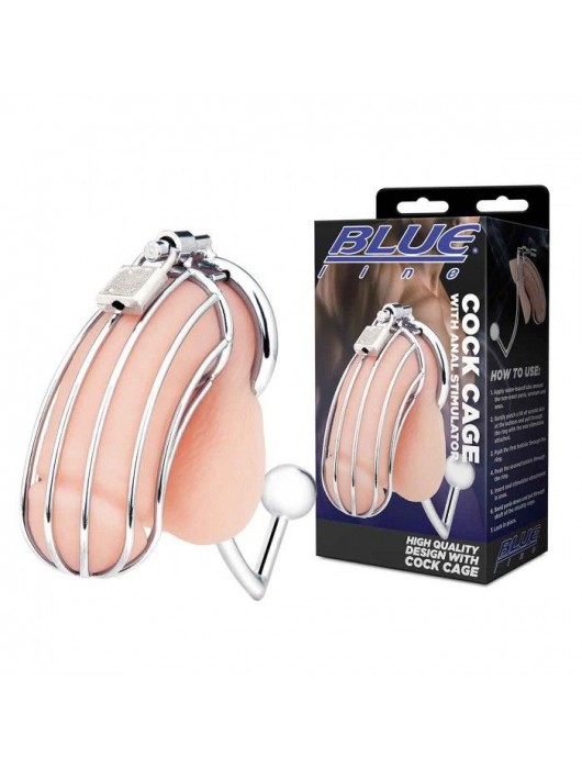 Серебристая металлическая клетка с анальным стимулятором Cock Cage - BlueLine - купить с доставкой в Черкесске