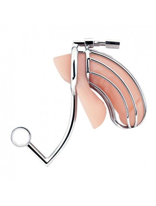 Серебристая металлическая клетка с анальным стимулятором Cock Cage - BlueLine - купить с доставкой в Черкесске