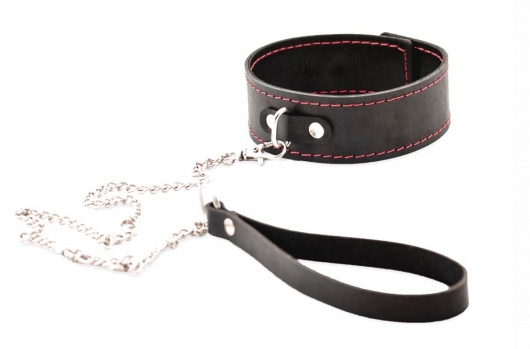 Черный широкий ошейник с красной строчкой и поводком - Crazy Handmade - купить с доставкой в Черкесске
